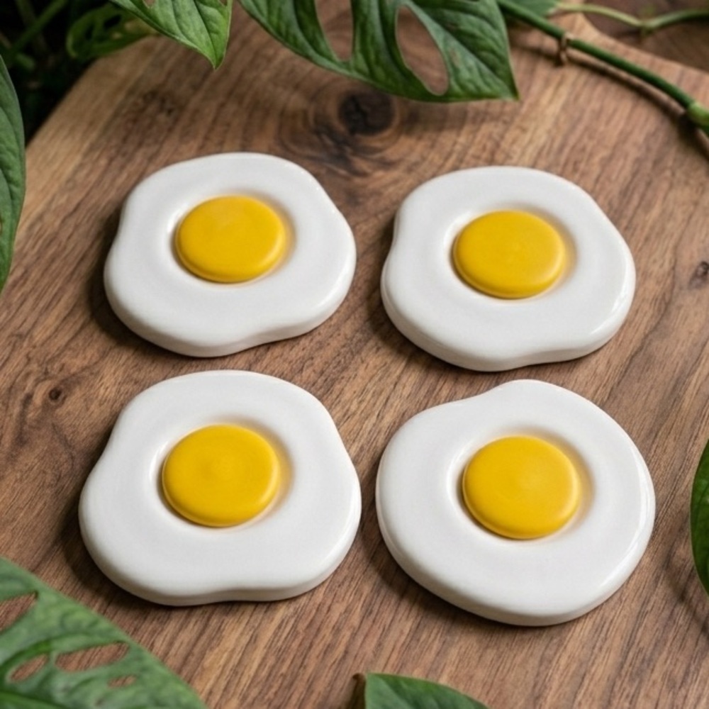 NWT Sunny Side Up Egg Coaster Set - White & Yellow -Set of 4